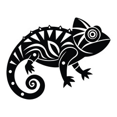 A chameleon camouflaging into patterns on white background.