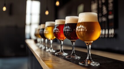 Variety of Craft Beers in Glasses Displayed on Wooden Bar Counter