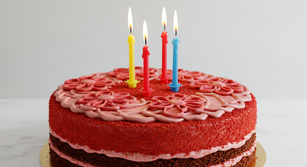 Red Velvet Birthday Cake: Four Candles, Sweet Celebration AI Generated