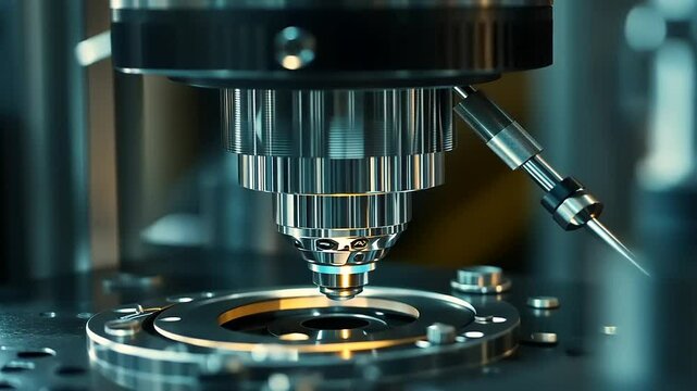 Sophisticated chrome machine, a precision instrument performing an unknown process, illuminating the focal point