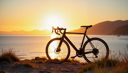 Fototapeta premium Bicycle Silhouette at Sunset Beach for Active Lifestyle Blogs, Travel Websites, Outdoor Adventures, Fitness Education, and Nature Awareness Campaigns
