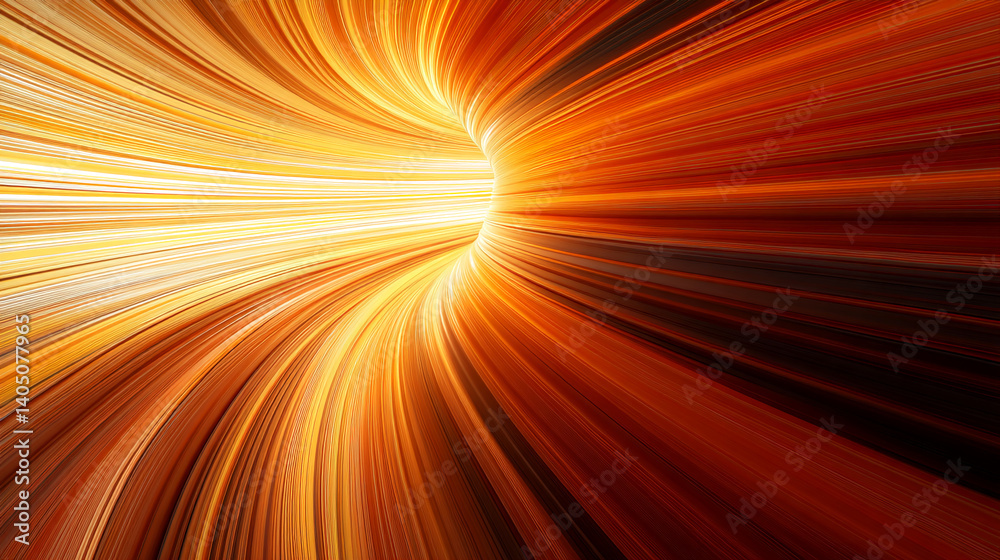 Poster Abstract image of swirling orange and yellow lines creating a tunnel effect, symbolizing speed, energy, and dynamism, ideal for technology or motion concepts
