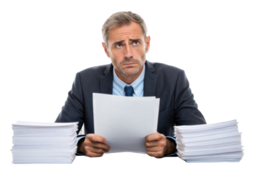 Overwhelmed professional reviewing documents at a cluttered desk during a busy workday