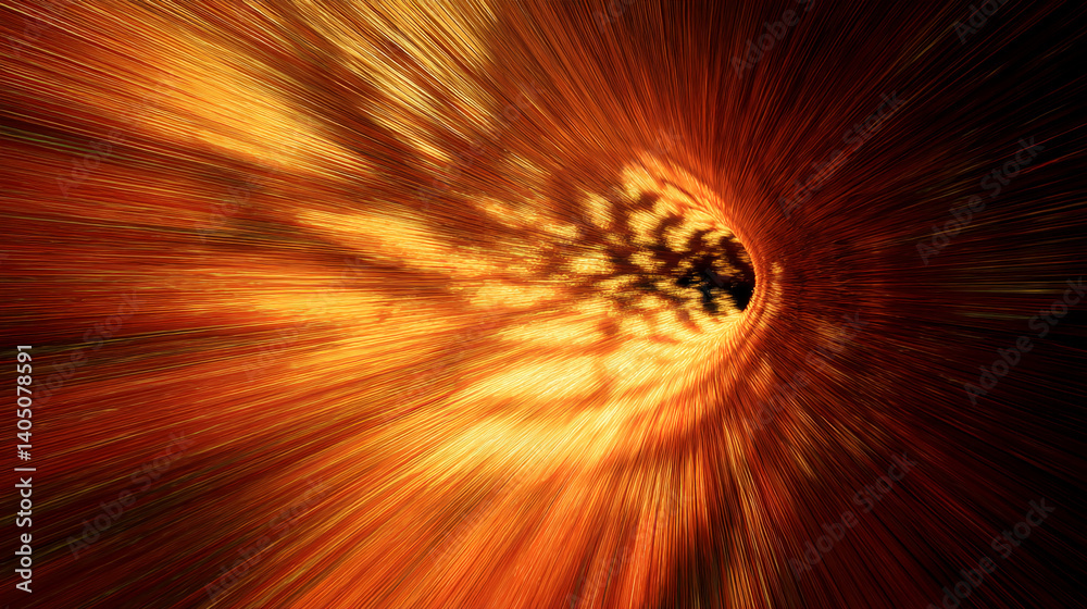 Poster Abstract image of radiating orange and brown lines converging into a dark center, creating a tunnel-like effect symbolizing depth, energy, or a journey