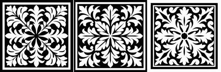 Floral Damask Pattern Set: Three elegant damask patterns in monochrome, featuring intricate floral designs perfect for adding a touch of vintage sophistication to any project.