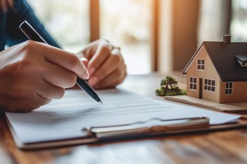 A person is signing paperwork next to a miniature house