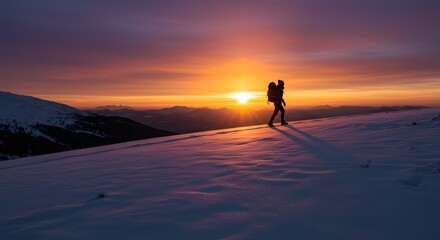 Obraz premium Vibrant Winter Sunset Hike Across Snowy Mountain Ridge