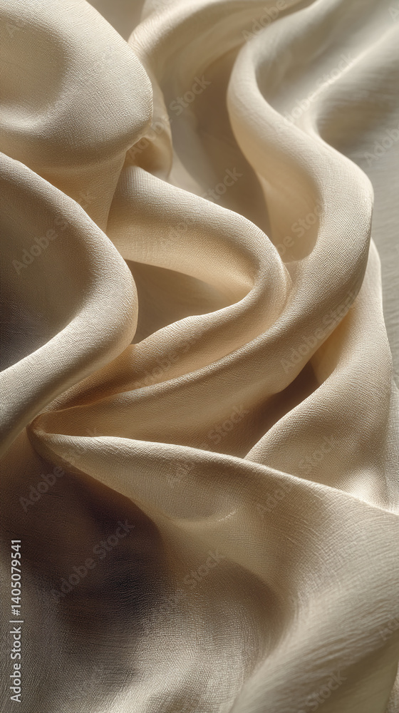 Poster beige fabric texture, soft folds creating elegant drapes, showcasing luxurious and smooth surface, i