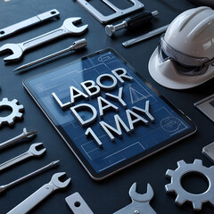 Labor Day Celebration Concept with Tools, Helmet, and Digital Blueprint Design