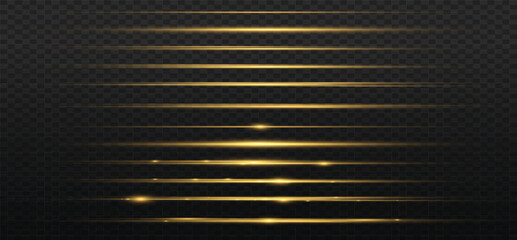 Yellow horizontal lens flares pack. Laser beams, horizontal light rays. Beautiful light flares. Glowing streaks on light background. Luminous abstract sparkling lined background.