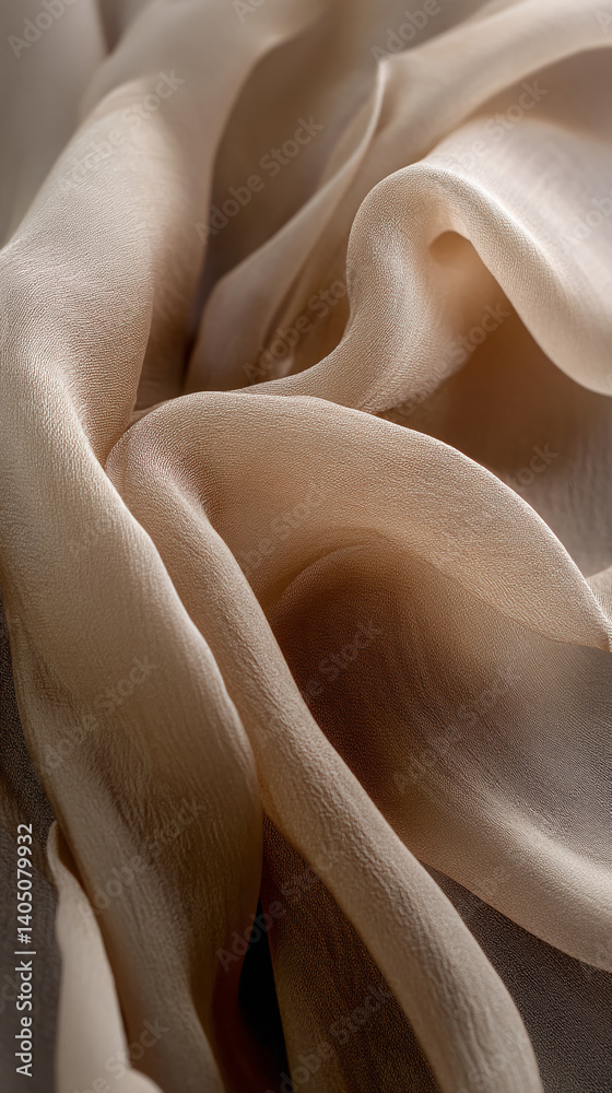 Poster close-up of beige fabric texture, showing soft folds and subtle light variations symbolizes elegance