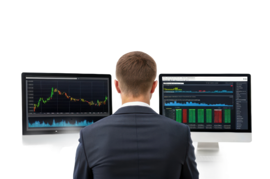 Business professional analyzing financial data on dual monitors for investment strategies and market trends