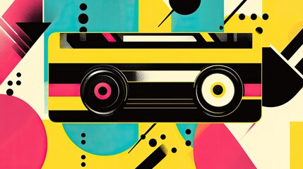 Retro Cassette Tape with Geometric Background in Bold Colors