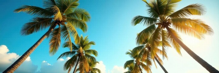 Tall coconut palms reach for a cloudless azure sky, bathed in golden sunlight ,  exotic,  palm fronds