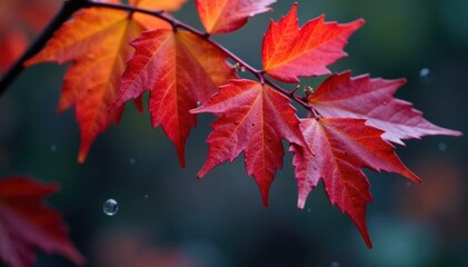Crimson autumn leaves clustered inside translucent water droplet , colorful, image, fall