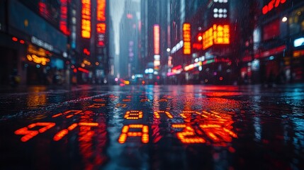 Naklejka premium Rainy Night in the City: Neon Reflections on Wet Asphalt