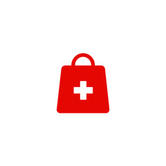Simple colorful icon of a red bag with a white plus sign. Represents a first aid kit, medical assistance, emergency supplies, and healthcare.