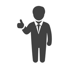 Simple black silhouette icon of a businessman in a suit and tie giving a thumbs up gesture. Represents approval, agreement, success, and positive feedback in a professional context.