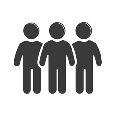 Simple black silhouette icon of a group of three people standing with their arms slightly outstretched. Represents connection, community, greeting, and openness.