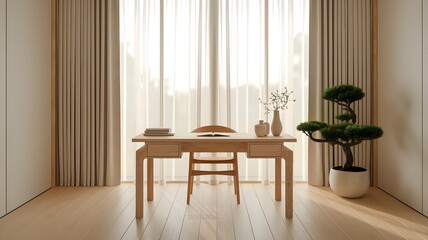 Depicts a modern home office with a minimalist design