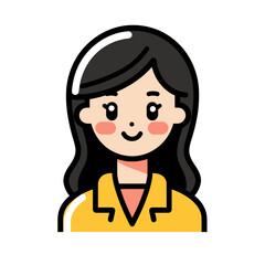 Charming cartoon illustration of a cute woman with black hair, rosy cheeks, and a friendly smile, wearing a yellow collared shirt. Represents a friendly female avatar, user icon, or character.