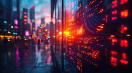 Naklejka premium Urban Nightscape: Stock Market Data Displayed on a City Street