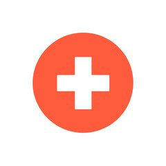 Simple colorful icon of a white plus sign centered on a red circle. Represents medical, health, emergency, add, positive, and increase.