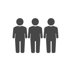 Simple black silhouette icon of a group of three people standing with their arms slightly outstretched. Represents connection, community, greeting, and openness.