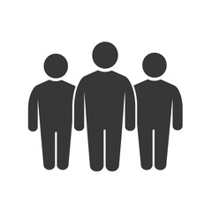 Simple black silhouette icon of a group of three people standing with their arms slightly outstretched. Represents connection, community, greeting, and openness.