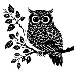 Monochrome illustration of a detailed owl with large eyes perched on a leafy branch. Represents nature, wisdom, nocturnal animals, and classic illustration styles.