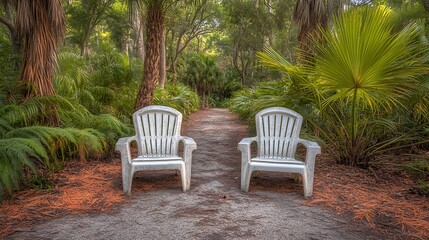 Obraz premium Two white plastic chairs face each other on a nature path.