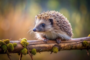 Hedgehog Perched on a Branch: A Close-Up Documentary Wildlife Photo