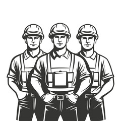 Illustration of a team of three construction workers wearing hard hats and overalls, standing with hands on their hips. Represents teamwork, construction industry, skilled labor, and unity.