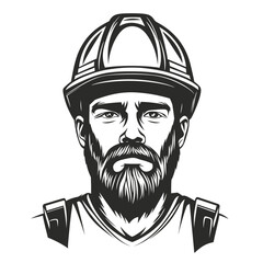 Monochrome portrait illustration of a serious-looking man with a beard wearing a hard hat. Represents construction, engineering, manual labor, and skilled trades.