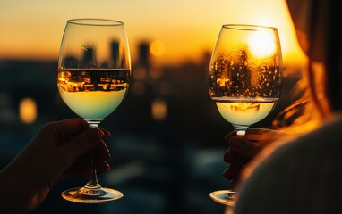 Two wine glasses raised in a toast at sunset over a city.