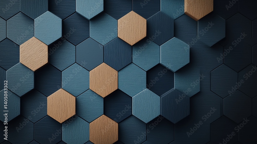 Poster abstract geometric pattern of hexagonal tiles in dark blue and light brown