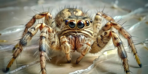 Jumping spider macro close-up with focused eyes and hairy legs on natural surface, scientific visuals, creepy bug illustrations, or nature documentation