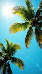 Sun-drenched palm fronds reach for vibrant blue sky, photo, low angle, sea