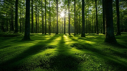 Fototapeta premium Sunlight streams through mossy forest floor