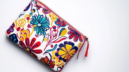 Colorful floral print clutch with double zipper closure.