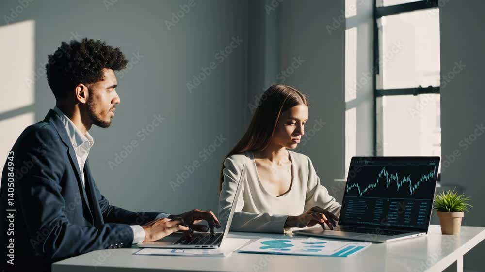 Poster Two business colleagues are sitting at a white table, analyzing stock market data displayed on their laptops, with printed charts and graphs spread out before them