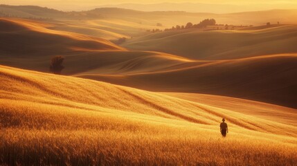 Obraz premium Golden hills at sunrise, a solitary figure.