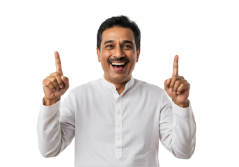 Happy Man Pointing Up Stock Photo isolated on transparent background