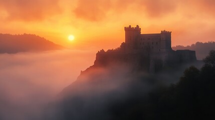 Obraz premium Majestic medieval castle atop a misty mountain at sunrise.