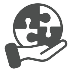 Hand with kigsaw puzzle bubble solid icon, creativity concept. Vector graphics. Puzzle piece in hand, solution sign on white background, glyph style icon for mobile or web design.