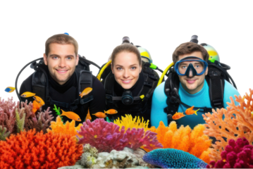 Underwater adventure with divers enjoying vibrant coral reefs and colorful fish in a tropical paradise
