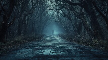 Obraz premium Mysterious Figure in a Foggy Forest Path