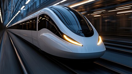 A modern, sleek train speeding through a tunnel.