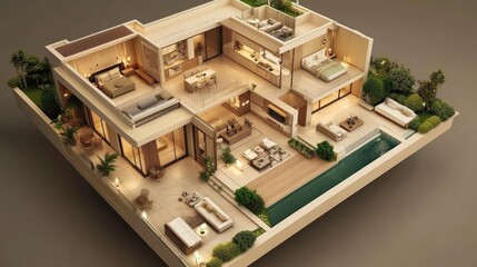 Contemporary house cross-section with upscale design and lavish outdoor living