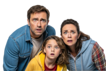 Family expressing surprise and concern in a moment of shock and disbelief during a dramatic situation at home